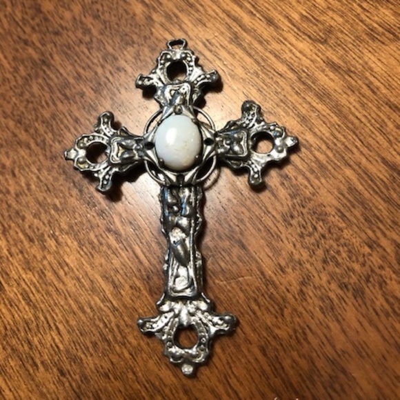 VTG 3" Pewter & Opal Cross Christianity Gorgeous Old No Chain Beautiful Work! - Picture 1 of 5